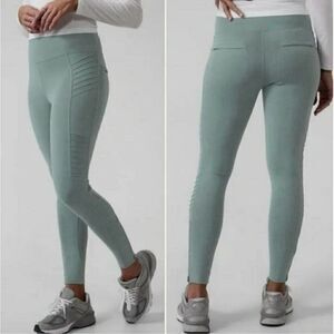 Athleta Delancey Moto Tight Legging Green Zip Pockets High Rise Travel SP Petite